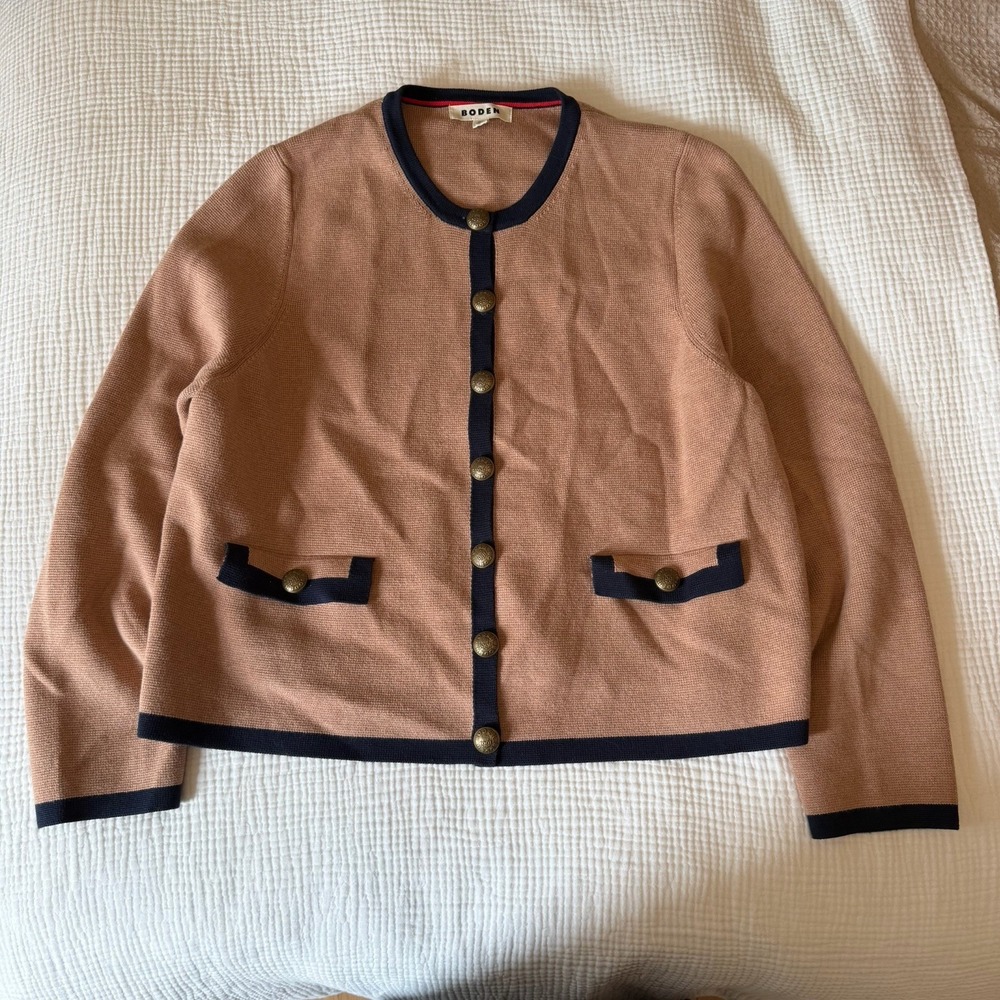 Boden Boxy Plus Size 20 Holly Knitted Jacket Cardigan Tan Antique Gold Buttons